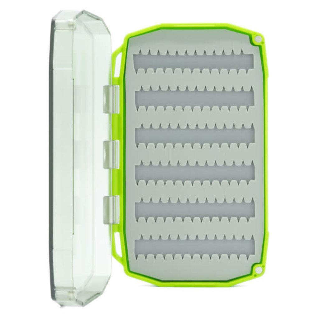 Umpqua UPG Silicone Essential Mini Fly Box in Hot Green, open with clear lid and gray silicone fly storage slots.