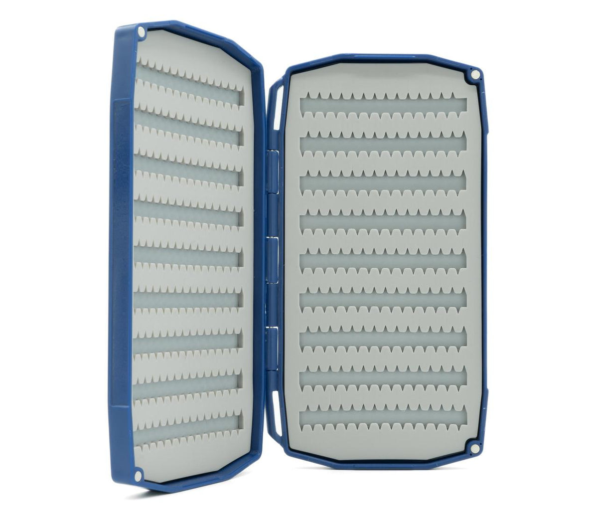 Umpqua UPG Silicone Dual Essential Large Fly Box in Blue, open to show two full-size gray silicone fly storage panels.