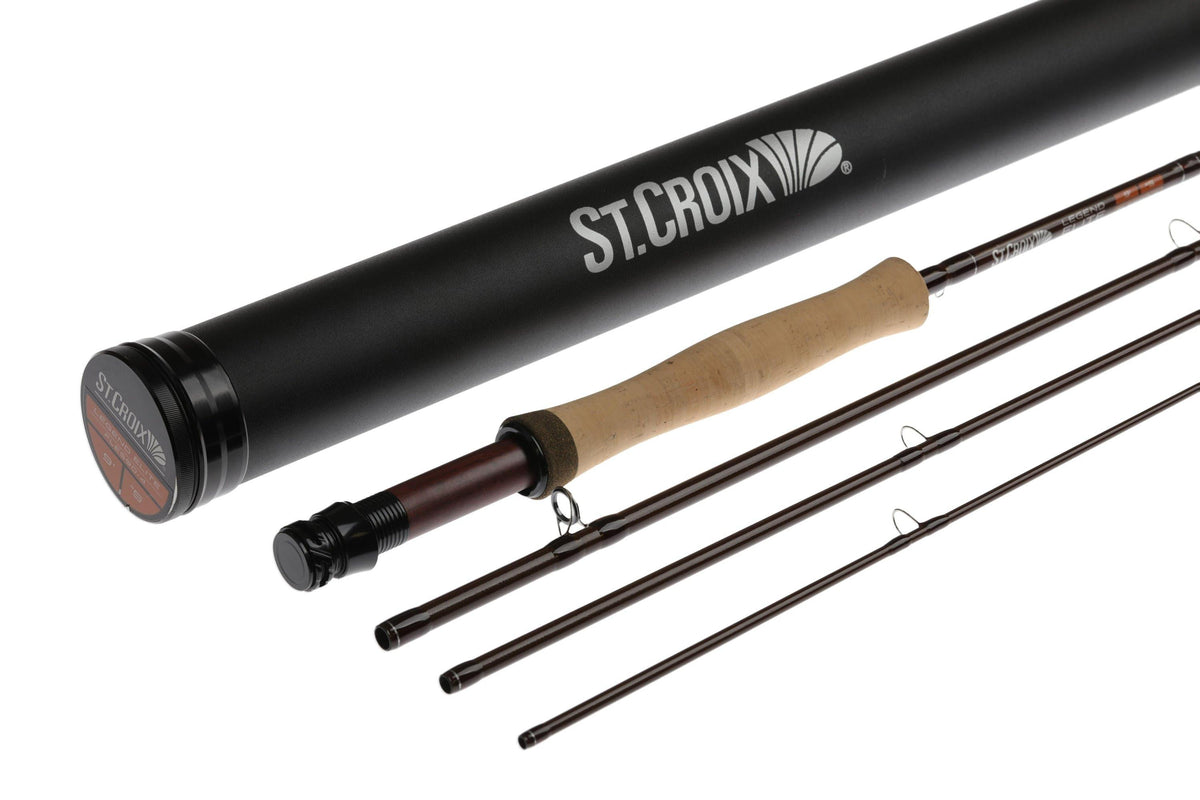 St. Croix Legend Elite Freshwater four-piece fly rod with premium cork grip, machined aluminum reel seat, and graphite blank.