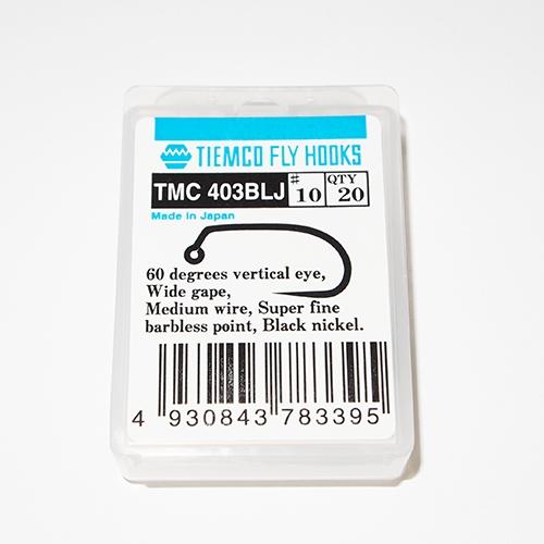 Tiemco TMC 403BLJ size 10 barbless jig hooks in clear retail packaging showing the 60-degree eye and wide gape specifications.