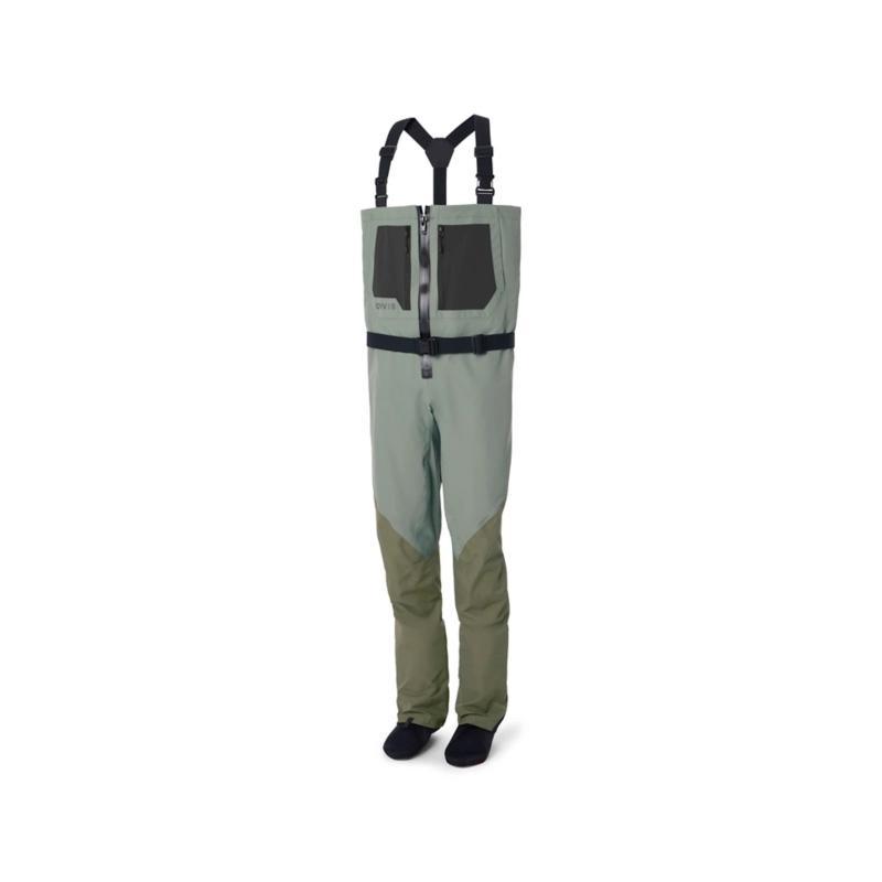 Orvis Men's Clearwater Zip Waders in Sagebrush with waterproof front zipper, chest pockets, and neoprene stockingfeet.