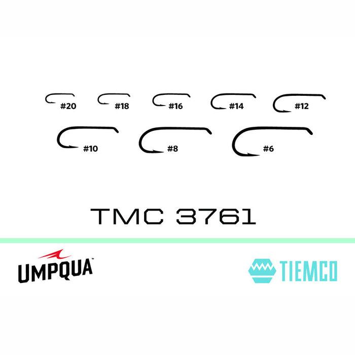 Tiemco TMC 3761 hook size chart comparing eight wet fly and nymph hooks in sizes 6 through 20.