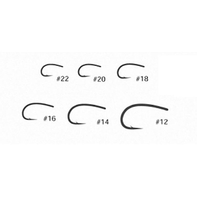 Tiemco TMC 2488H fly tying hook size comparison showing sizes 12, 14, 16, 18, 20, and 22.