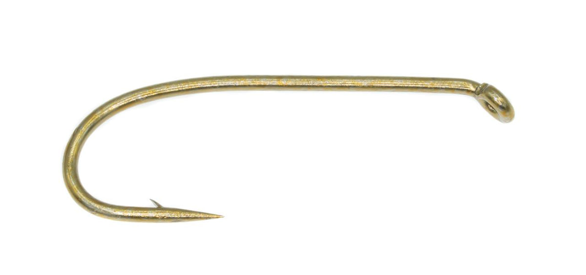 Tiemco TMC 3761 bronze nymph fly tying hook with down eye, 1X long shank, 2X heavy wire, and Sproat bend.