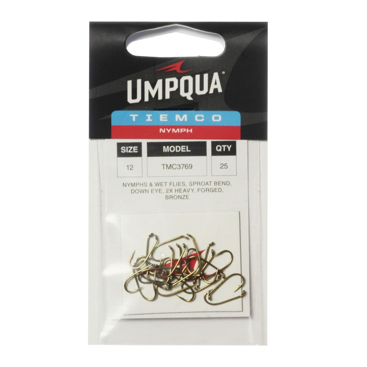 Umpqua Tiemco TMC 3769 size 12 nymph hooks in a 25-pack retail package with bronze heavy-wire hooks.