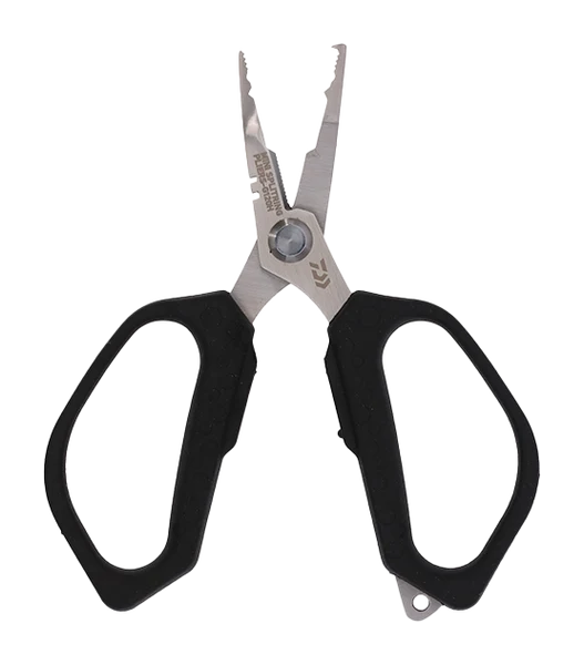 Daiwa Mobile Split Ring Pliers G125H 4.9-inch fishing pliers with precision split ring opener, serrated line cutter, and non-slip grips.