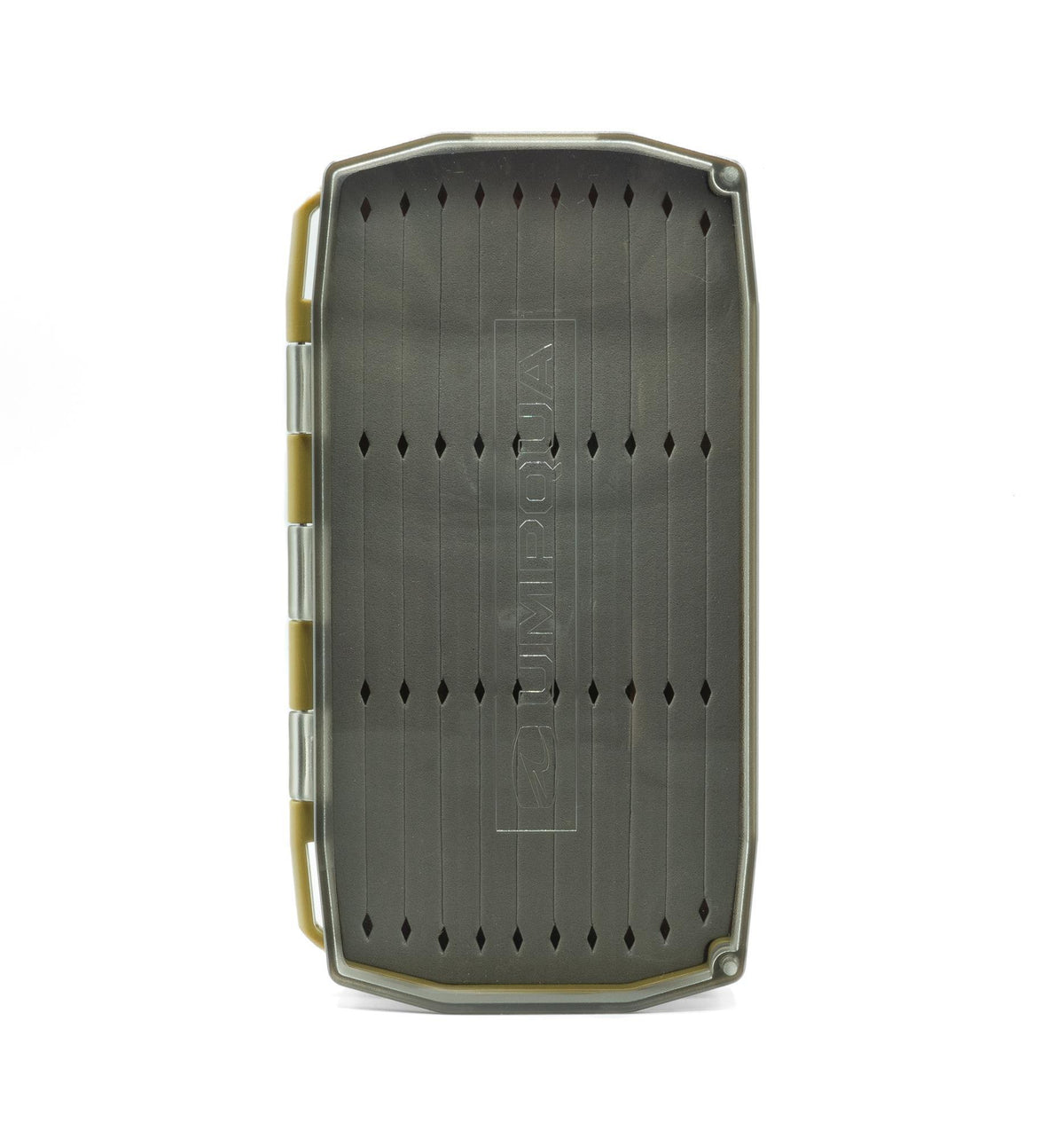 Umpqua UPG Foam Streamer Fly Box closed, showing its translucent dark lid and Olive-colored frame.