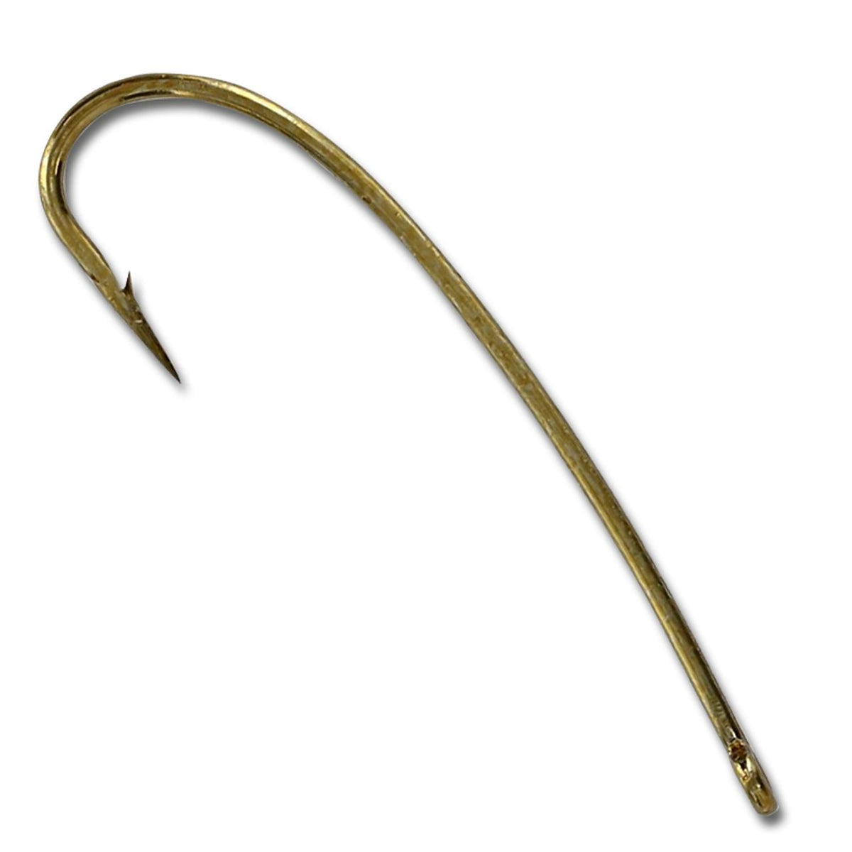 Tiemco TMC 200R bronze fly tying hook with 3X-long curved shank, straight eye, and semi-dropped point.
