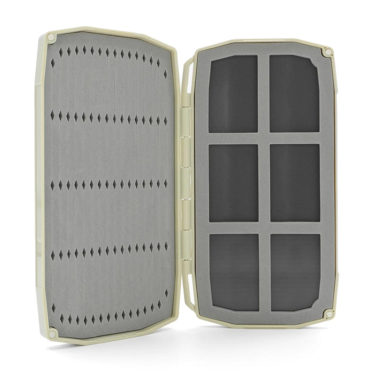 Umpqua UPG Foam Tailwater Large Fly Box in Tan, open with Micro Slit Foam and six magnetic storage compartments.