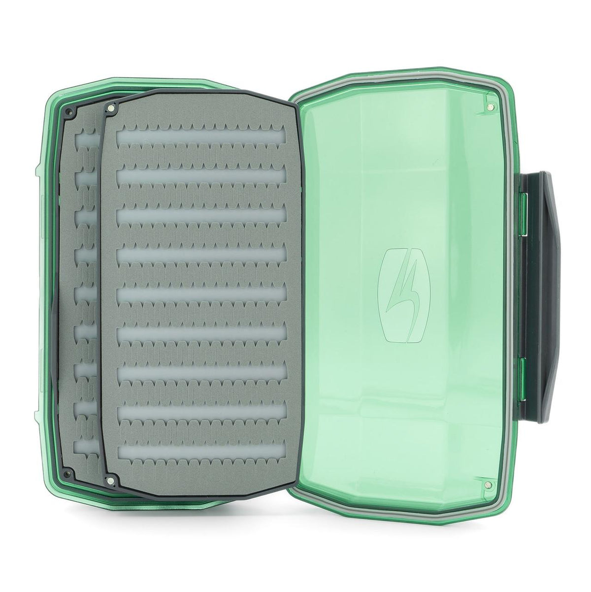 Umpqua Waterproof Ultimate Nymph Fly Box with Spruce green lid and hinged foam storage panel.