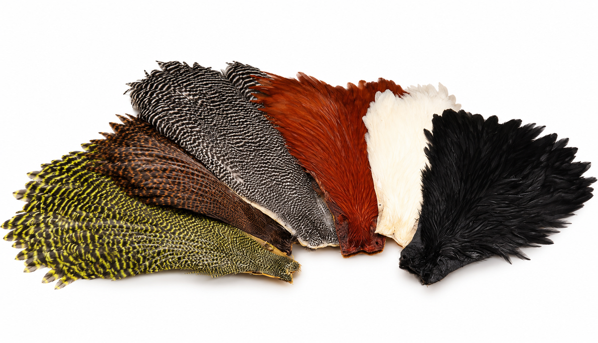 Hareline Hen Cape fly tying feathers in assorted colors