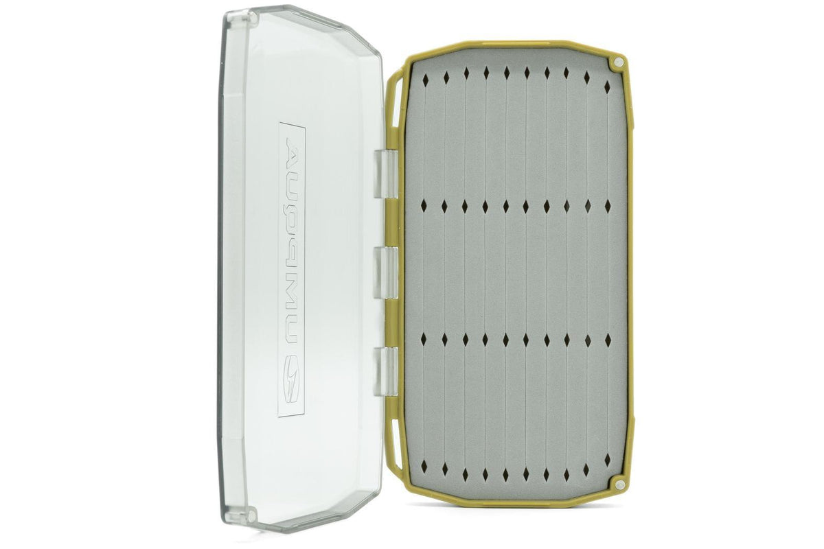 Umpqua UPG Foam Streamer Fly Box in Olive, open with gray Mega-Slit foam insert for large streamer flies.