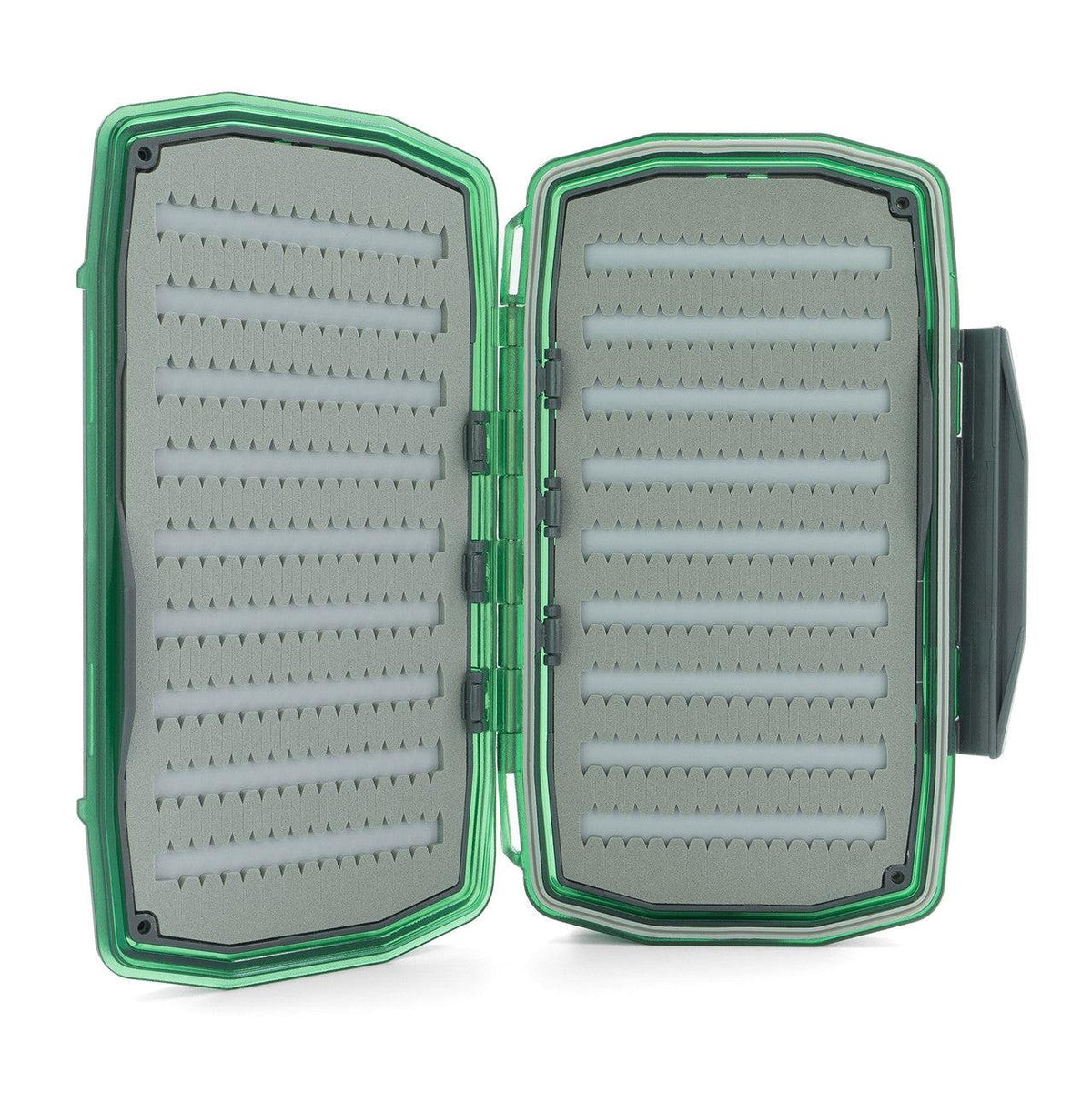 Umpqua UPG Foam Waterproof Ultimate Nymph Fly Box in Spruce, open with multiple gray foam inserts for organizing nymph flies.