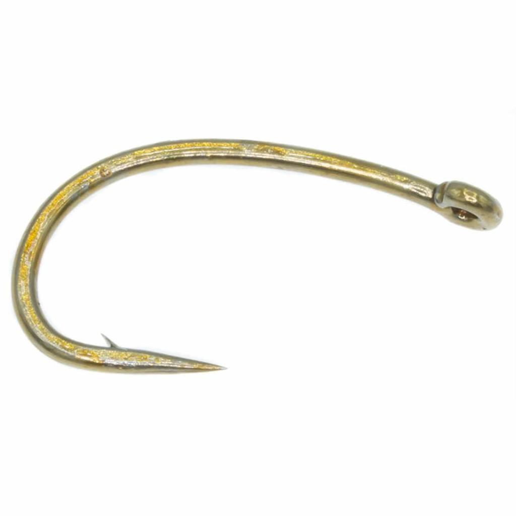 Tiemco TMC 2488H heavy wire fly tying hook with 2X short curved shank, straight eye, and 3X wide gape in bronze.