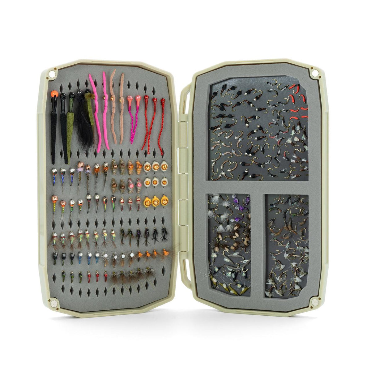 Umpqua UPG Foam Tailwater Mini Fly Box open with assorted nymphs, midges, and streamers organized inside.