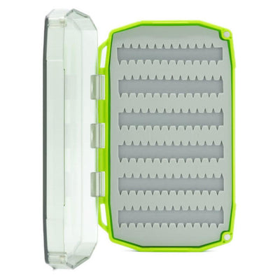 Umpqua UPG Silicone Essential Mini Fly Box in Hot Green, open with clear lid and gray silicone fly storage slots.