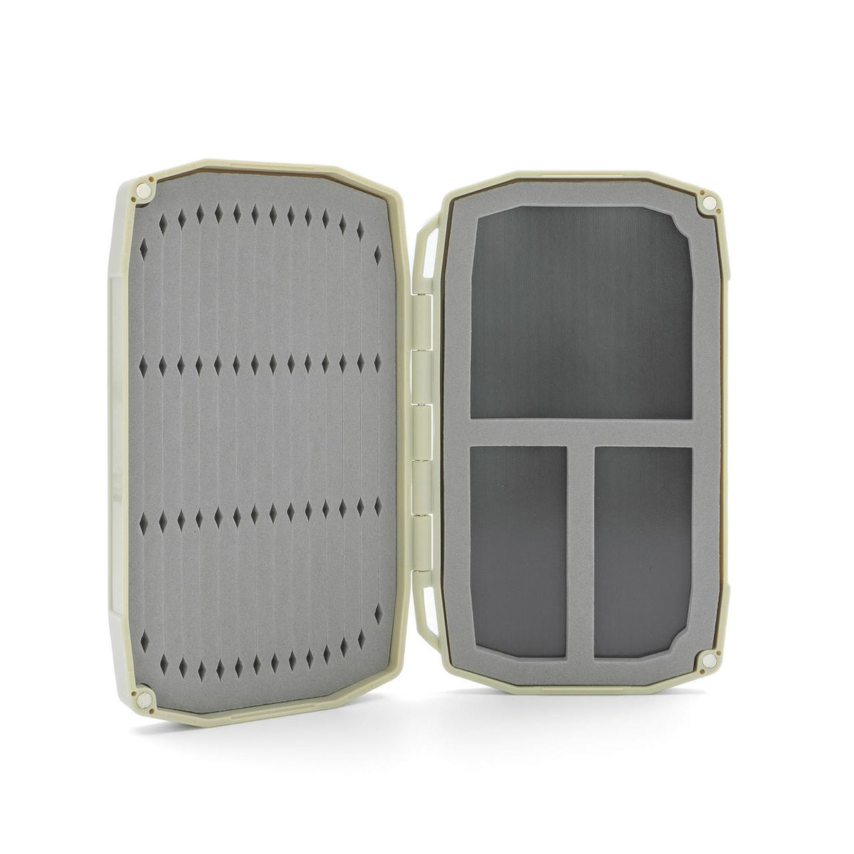 Umpqua UPG Foam Tailwater Mini Fly Box in Tan, open with Micro Slit Foam and three magnetic storage compartments.