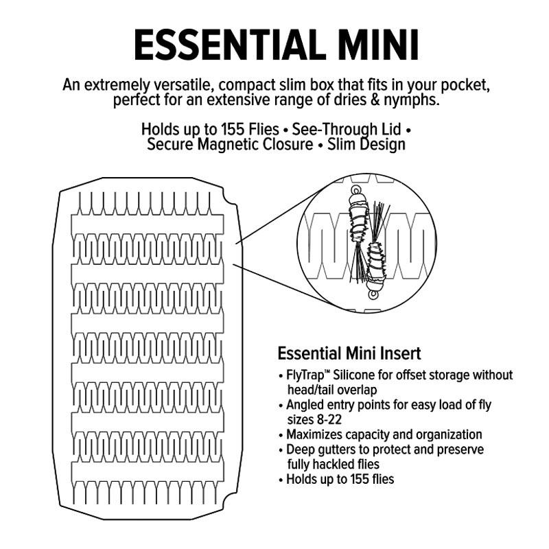 Umpqua UPG Silicone Essential Mini Fly Box diagram showing FlyTrap silicone slots for up to 155 flies in sizes 8 through 22.