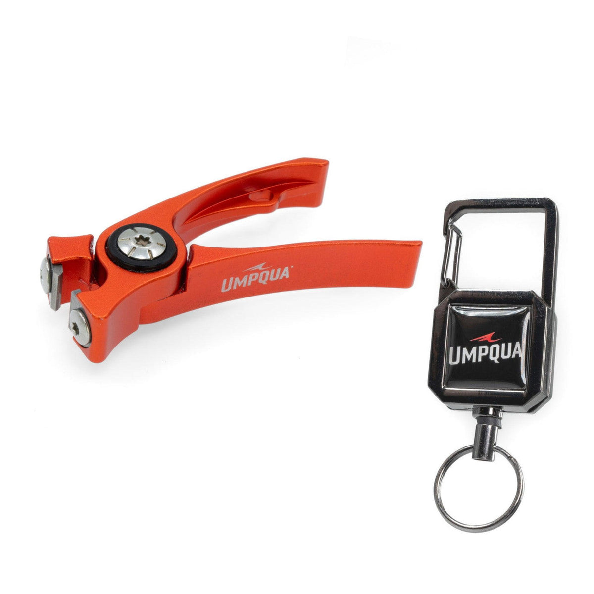 Umpqua RiverRun orange fly fishing nippers and gunmetal aluminum retractor combo.