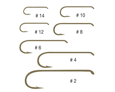 Tiemco TMC 5263 hook size comparison showing seven bronze long-shank nymph and streamer hooks from size 2 through size 14.
