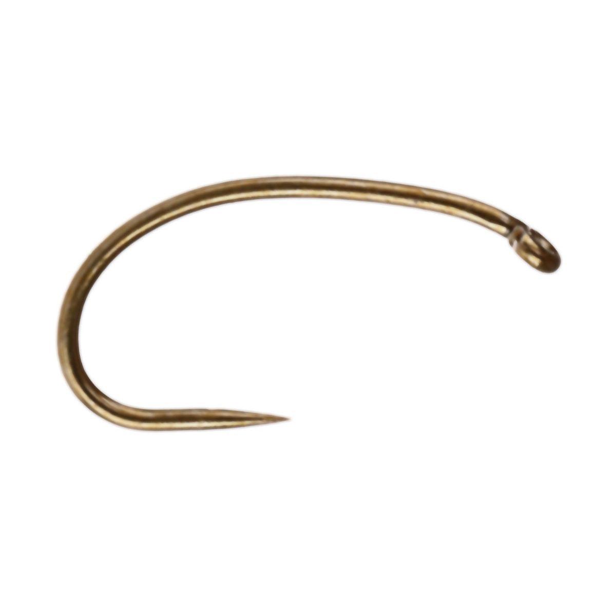 Tiemco TMC 2487 curved nymph fly tying hook with down eye, fine wire, wide gape, and bronze finish.