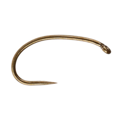 Tiemco TMC 2487 curved nymph fly tying hook with down eye, fine wire, wide gape, and bronze finish.