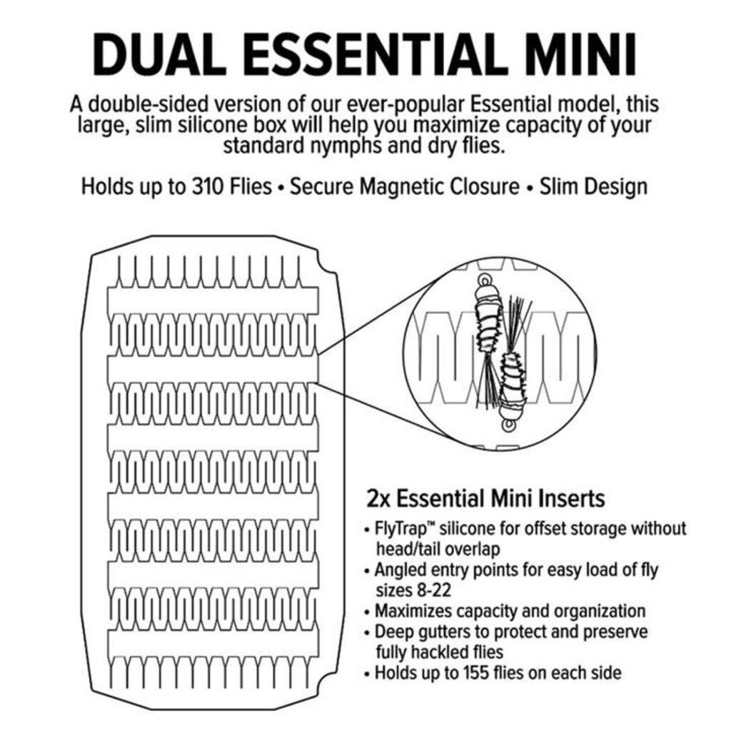 Umpqua UPG Silicone Dual Essential Mini Fly Box storage diagram showing 310-fly capacity with two silicone inserts.