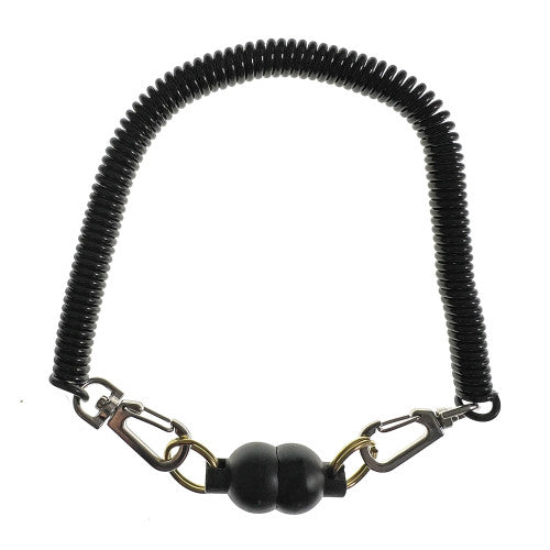 Black coiled net lanyard with metal clip and black beads on a white background for fishing nets