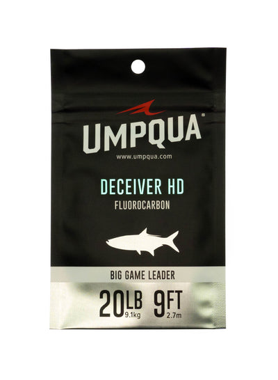 Umpqua Deceiver HD Big Game Fluorocarbon Leader in black and silver retail packaging for freshwater and saltwater fly fishing.