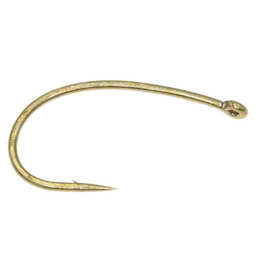Tiemco TMC 2488 bronze fly tying hook with fine wire, 2X short curved shank, straight eye and 3X wide gape.
