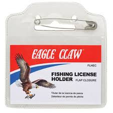 Eagle Claw fishing license holder with a red label and eagle illustration.