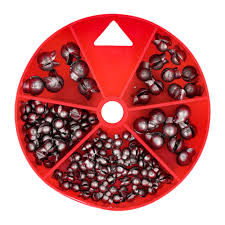 red compartment with split shot sinkers of multiple sizes