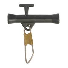 Black metal clip with a gold ring on a white background