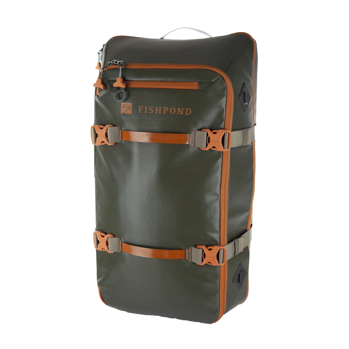 Green backpack with brown straps on a white background