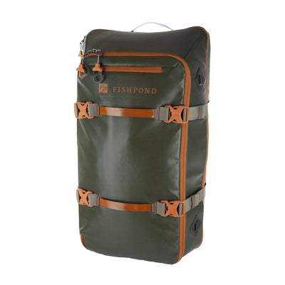 Green backpack with brown straps on a white background