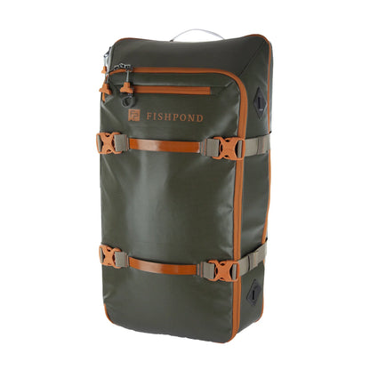 Green backpack with brown straps on a white background