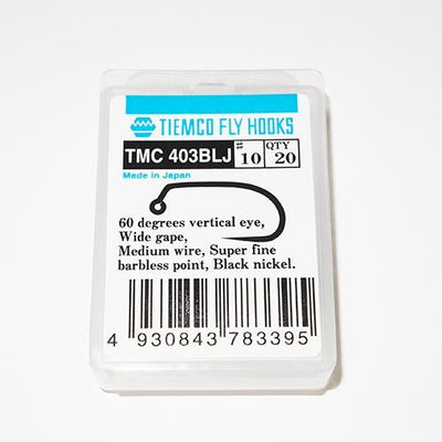 Tiemco TMC 403BLJ size 10 barbless jig hooks in clear retail packaging showing the 60-degree eye and wide gape specifications.