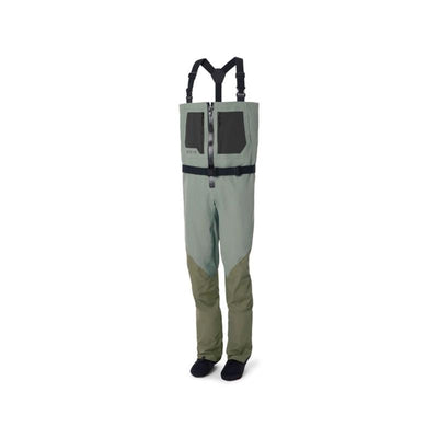 Orvis Men's Clearwater Zip Waders in Sagebrush with waterproof front zipper, chest pockets, and neoprene stockingfeet.