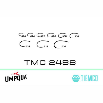 Tiemco TMC 2488 fly tying hook size comparison displaying sizes 10 through 26 with curved shanks and straight eyes.
