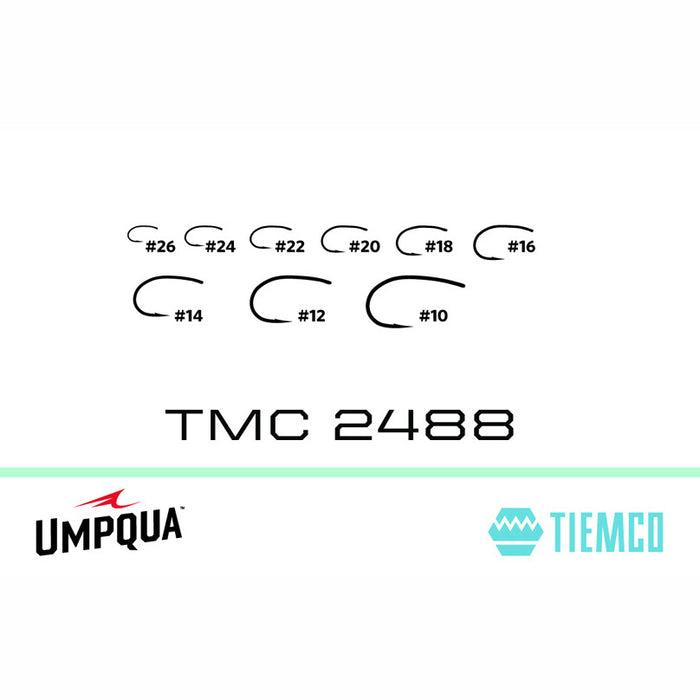 Tiemco TMC 2488 fly tying hook size comparison displaying sizes 10 through 26 with curved shanks and straight eyes.