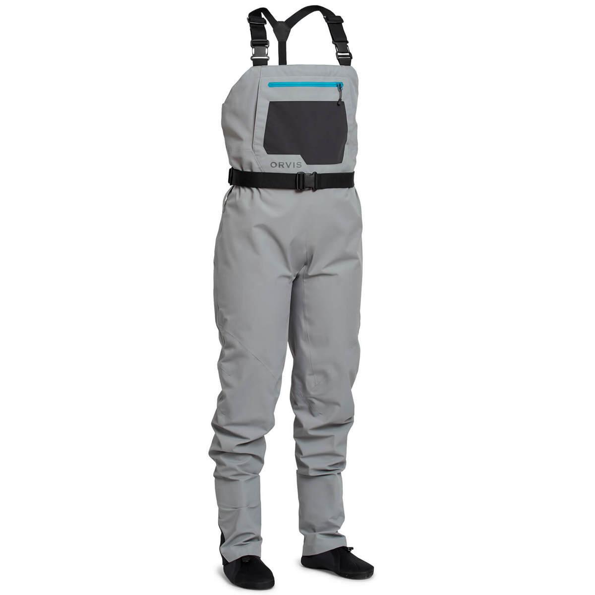 Orvis Women's Clearwater stockingfoot fishing waders in Sagebrush with breathable waterproof fabric, adjustable suspenders, and gravel guards.