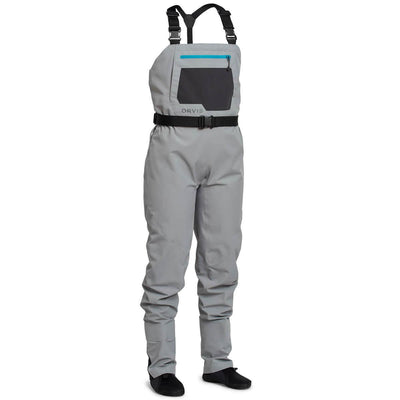 Orvis Women's Clearwater stockingfoot fishing waders in Sagebrush with breathable waterproof fabric, adjustable suspenders, and gravel guards.