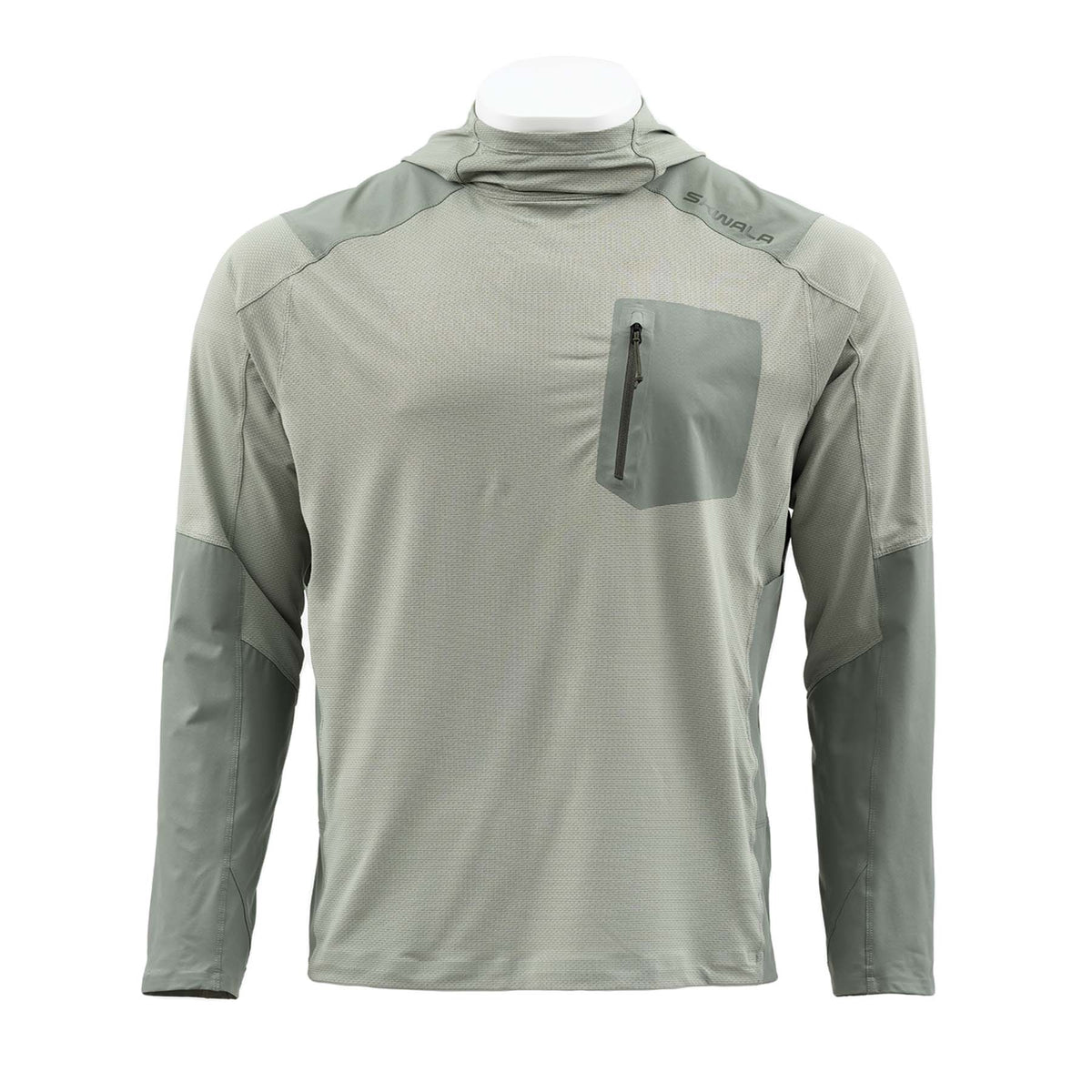 Skwala Sol Tactical Hoody in Sage/Spruce with protective hood and zippered chest pocket.