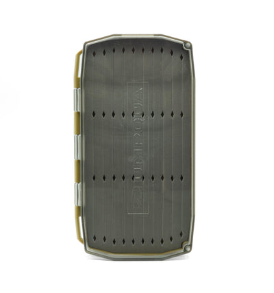 Umpqua UPG Foam Streamer Fly Box closed, showing its translucent dark lid and Olive-colored frame.