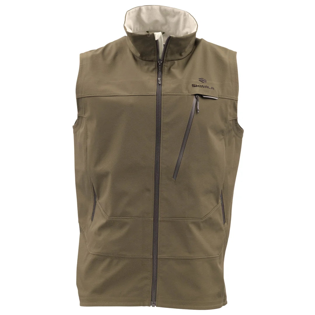Skwala Backeddy Vest in Earth with zippered chest pocket and full-length front zipper.