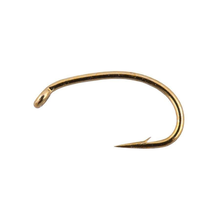 Tiemco TMC 2457 bronze fly tying hook with curved 2X short shank, down eye, wide gape and heavy wire.