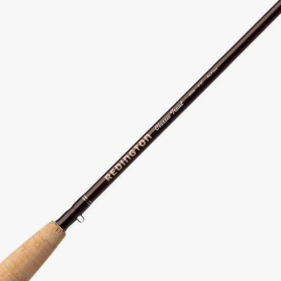 Redington Classic Trout fly rod with cork handle and dark brown blank.