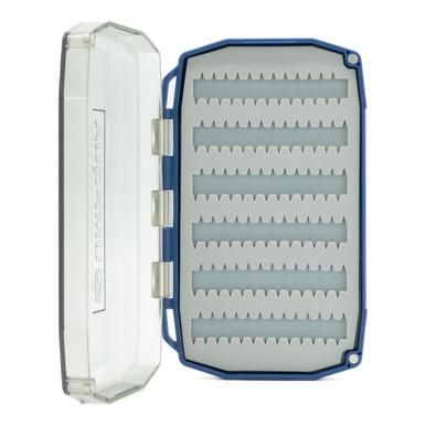 Umpqua UPG Silicone Essential Mini Fly Box in Blue, open with clear lid and gray FlyTrap silicone insert.
