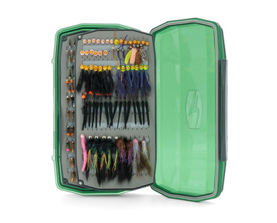 Umpqua Waterproof Ultimate Nymph Fly Box with a hinged foam leaf holding an assortment of nymphs and larger fly patterns.