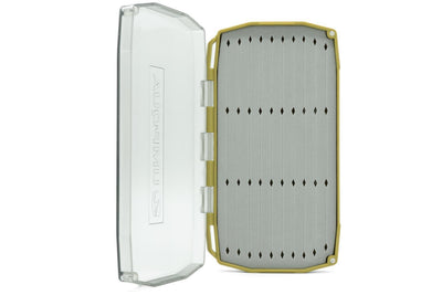 Umpqua UPG Foam Streamer Fly Box in Olive, open with gray Mega-Slit foam insert for large streamer flies.